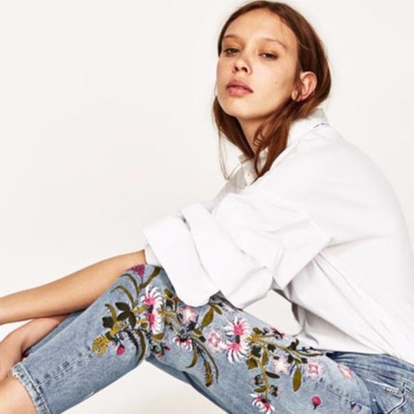 Zara Jeans Premium Floral Embroidered Mid Rise Jean Firm Poshmark